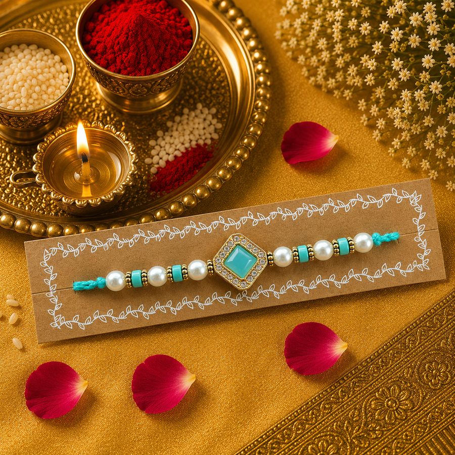 Pastel Blue Thread, Pearl And Pastel Blue Beads With Pastel Blue Square Kundan Rakhi