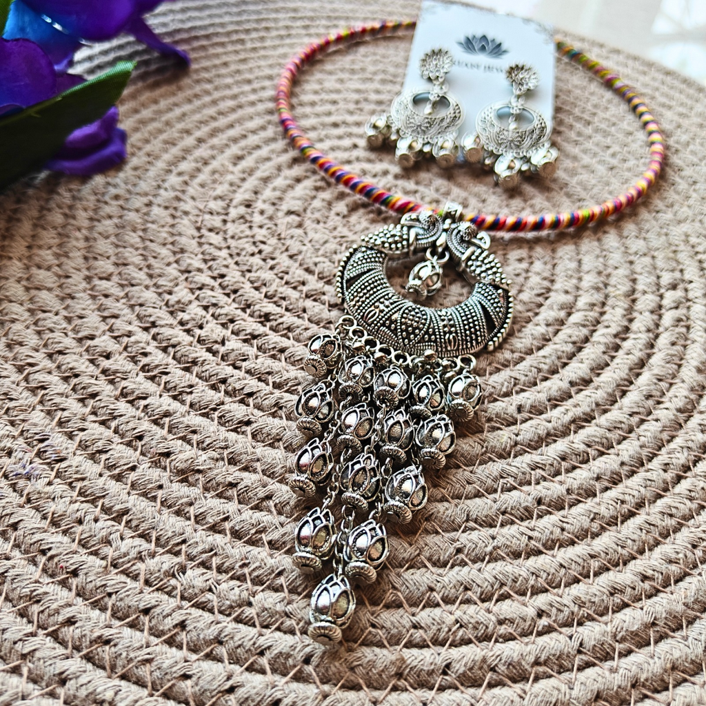 Colourful Hasli With Peacock Design Oxidized Pendant Necklace