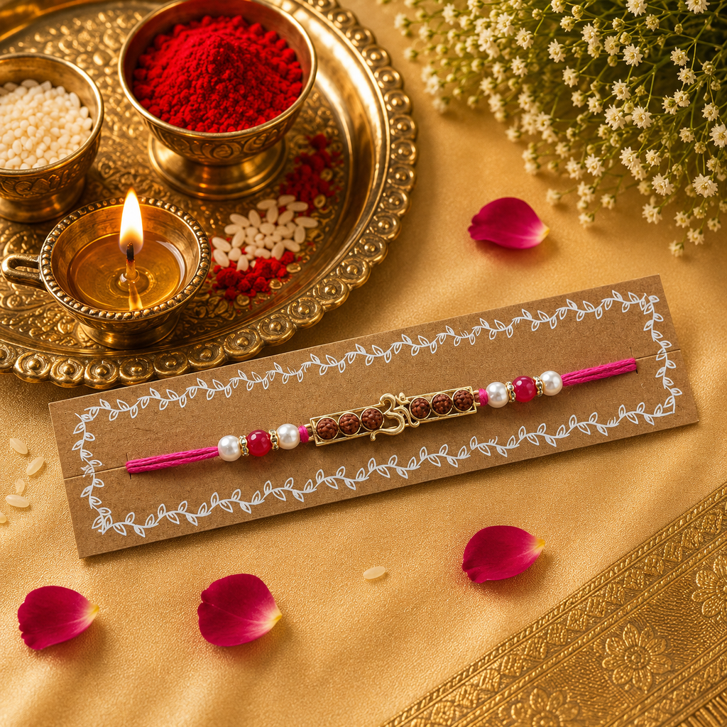 Rani Pink Thread, Pearl And Rani Pink Beads With Rudraksha Om Pendant Rakhi