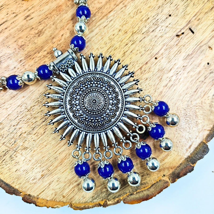 Blue Colour 10mm Beads With Oxidized Pendant Necklace