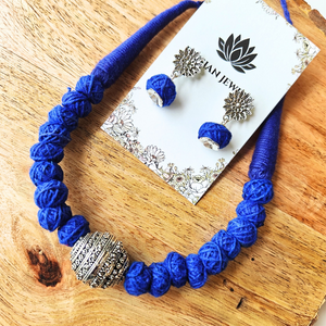 Blue Cotton Beads With Oxidized Beads Necklace