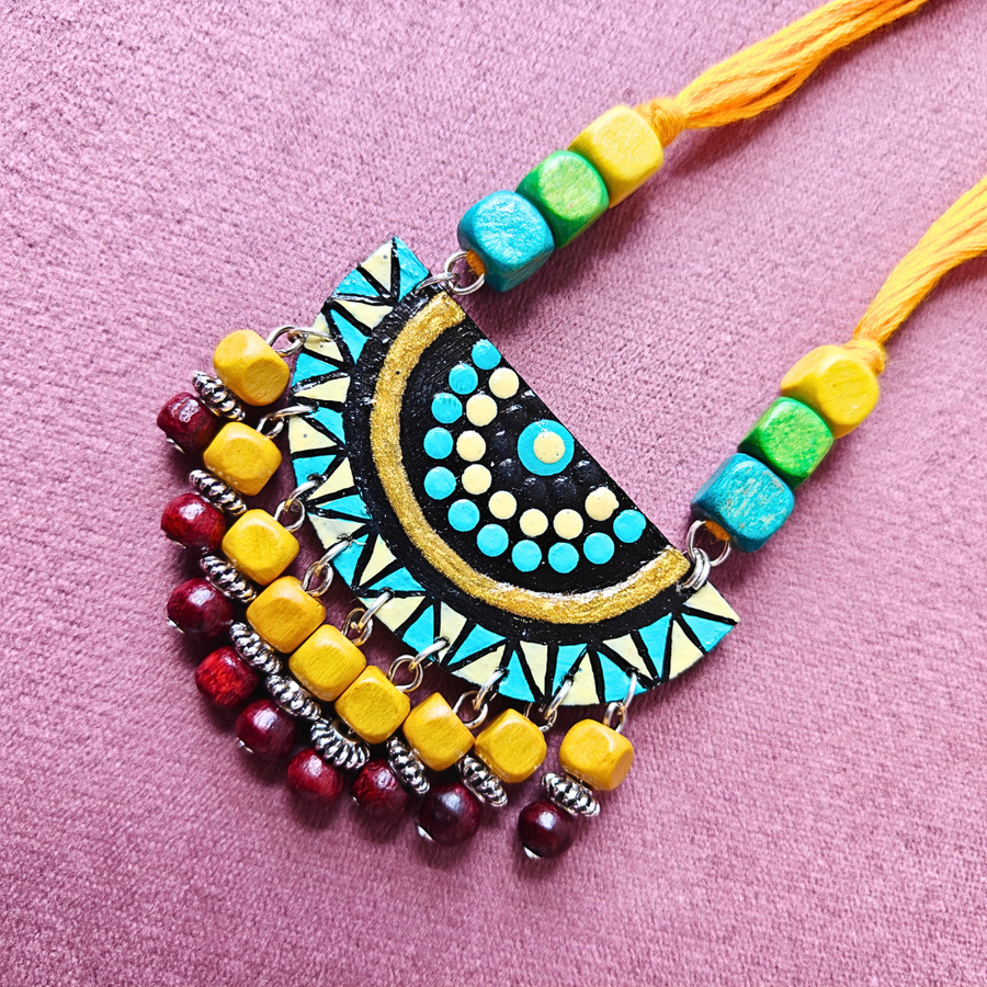 Sky Blue, Yellow And Green Wooden Beads, Yellow Cotton Dori With Half Circle Mandala Art Pendant Necklace