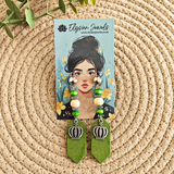 Crown Charm, Wooden Beads With Green Fabric Earring