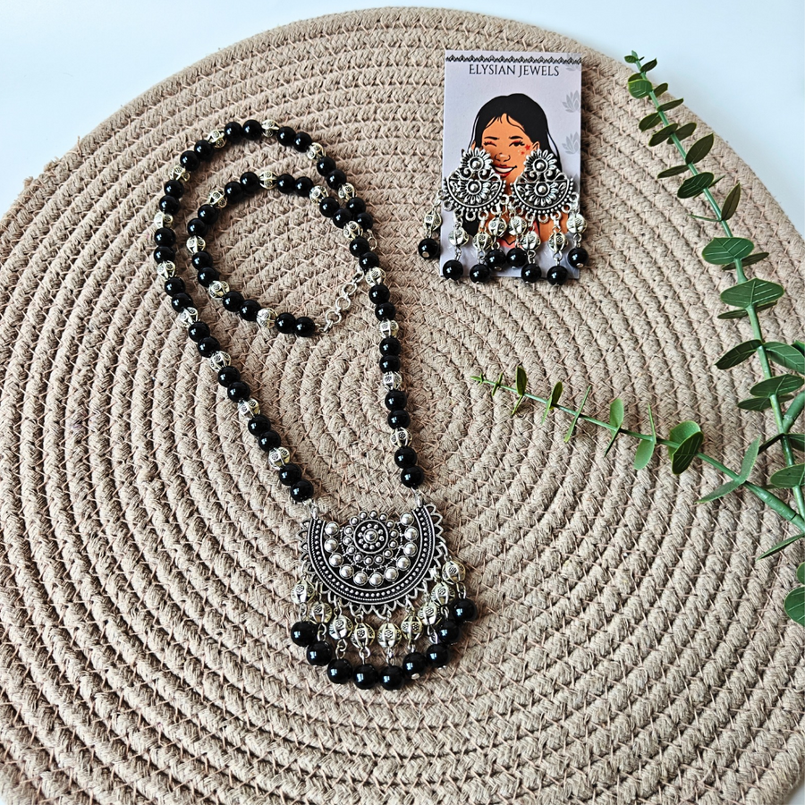 8mm Black Beads And Oxidized Beads With Oxidized Pendant Necklace