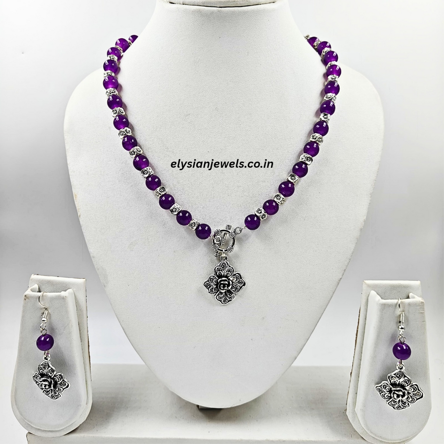 Dark Purple Beads & Silver Beads With Rose Charm Oxidized Necklace