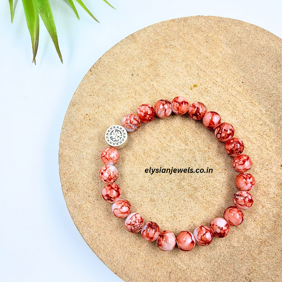 1 Silver Metal Bead With Maroon Marble Beads Bracelet