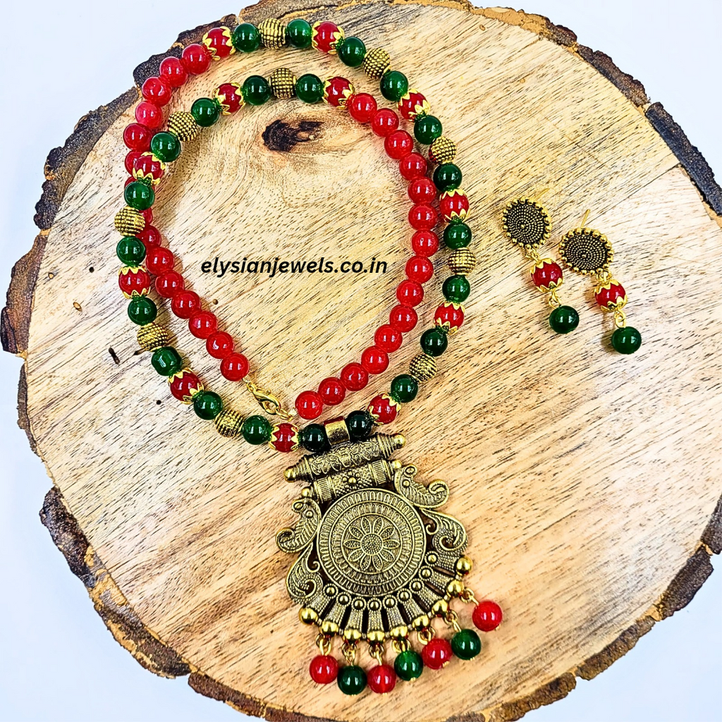 Red, Green Beads With Antique Pendant Necklace