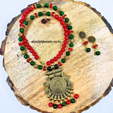 Red, Green Beads With Antique Pendant Necklace