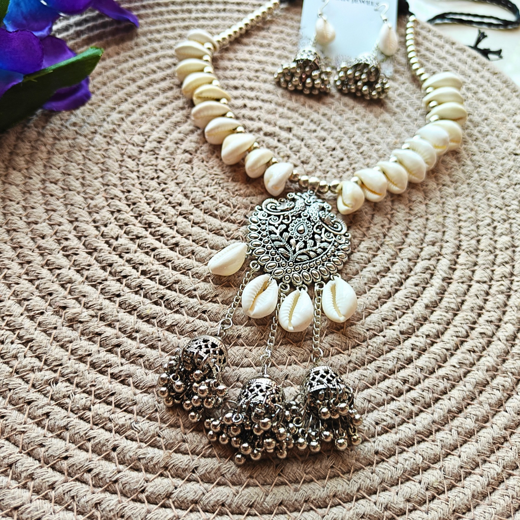 Cowrie, Silver Beads With Oxidized Pendant Necklace