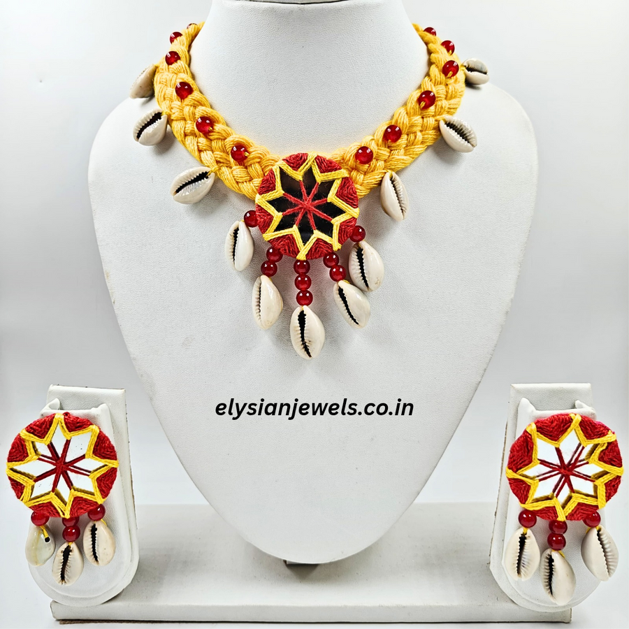 Cowrie, Red And Yellow Mirror Embroidery With Yellow Binuni Dori Necklace