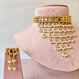 Maroon A D Kundan And Golden Moti Marathi Necklace