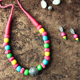 Cotton Thread Beads & Multicolour Wooden Beads With Oxidized Beads Necklace