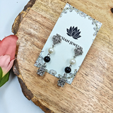 White Pearl & Black Beads With Oxidized Charms Necklace