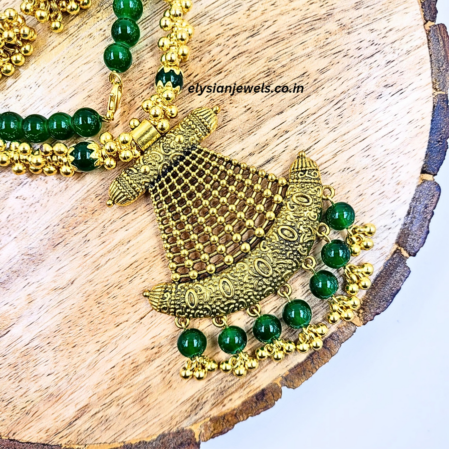Green Beads, CCB Golden Beads With Antique Pendant Necklace