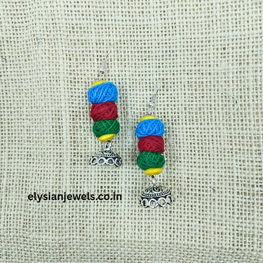 Yellow Wooden And Multicolour Cotton Beads With Oxidized Jhumka Earring