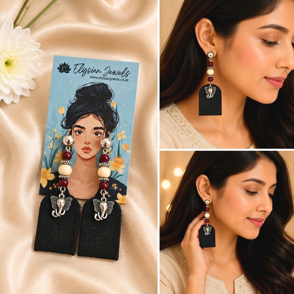 Elephant Charm, Wooden Beads With Black Fabric Earring