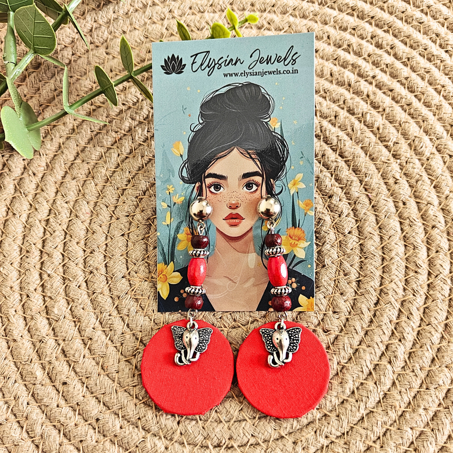 Elephant Charm, Wooden Beads With Round Red Fabric Earring