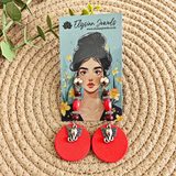 Elephant Charm, Wooden Beads With Round Red Fabric Earring