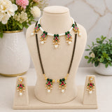 Pearls With Green Pink Kundan Necklace, Earrings, Mangalsutra combo set