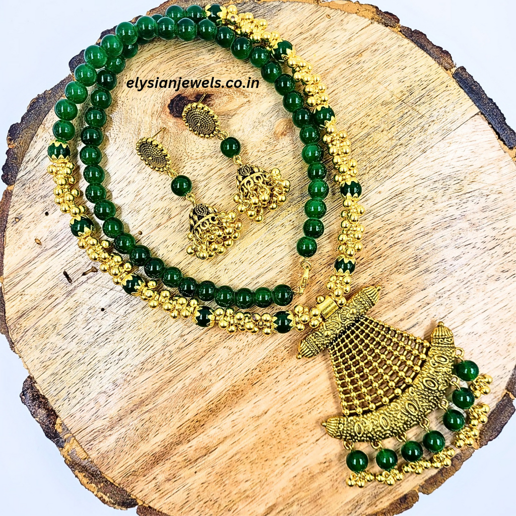 Green Beads, CCB Golden Beads With Antique Pendant Necklace