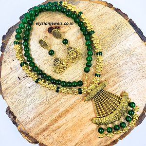 Green Beads, CCB Golden Beads With Antique Pendant Necklace