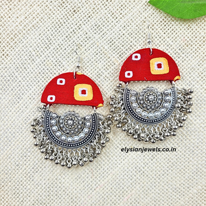 Oxidized Chandbali With Red Bandhani Print Fabric Earring