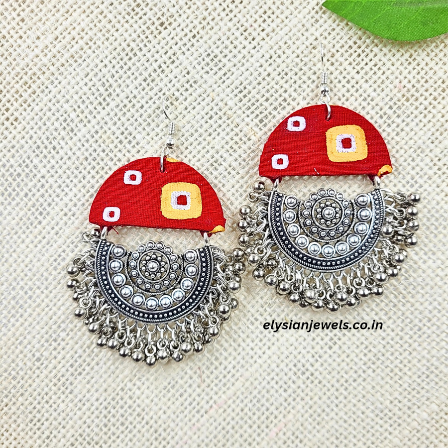 Oxidized Chandbali With Red Bandhani Print Fabric Earring