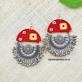 Oxidized Chandbali With Red Bandhani Print Fabric Earring