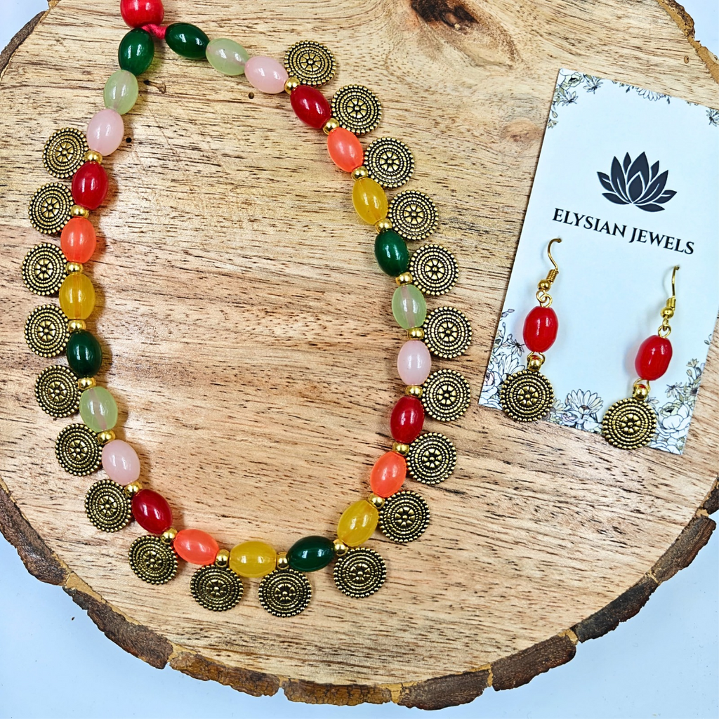 Multicolour Oval Shape Beads With Antique Charms Necklace