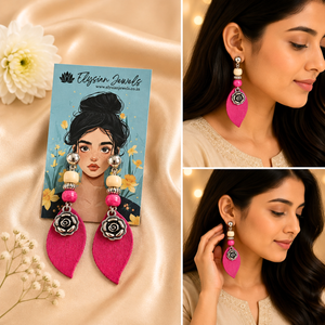 Flower Charm, Wooden Beads With Pink Fabric Earring