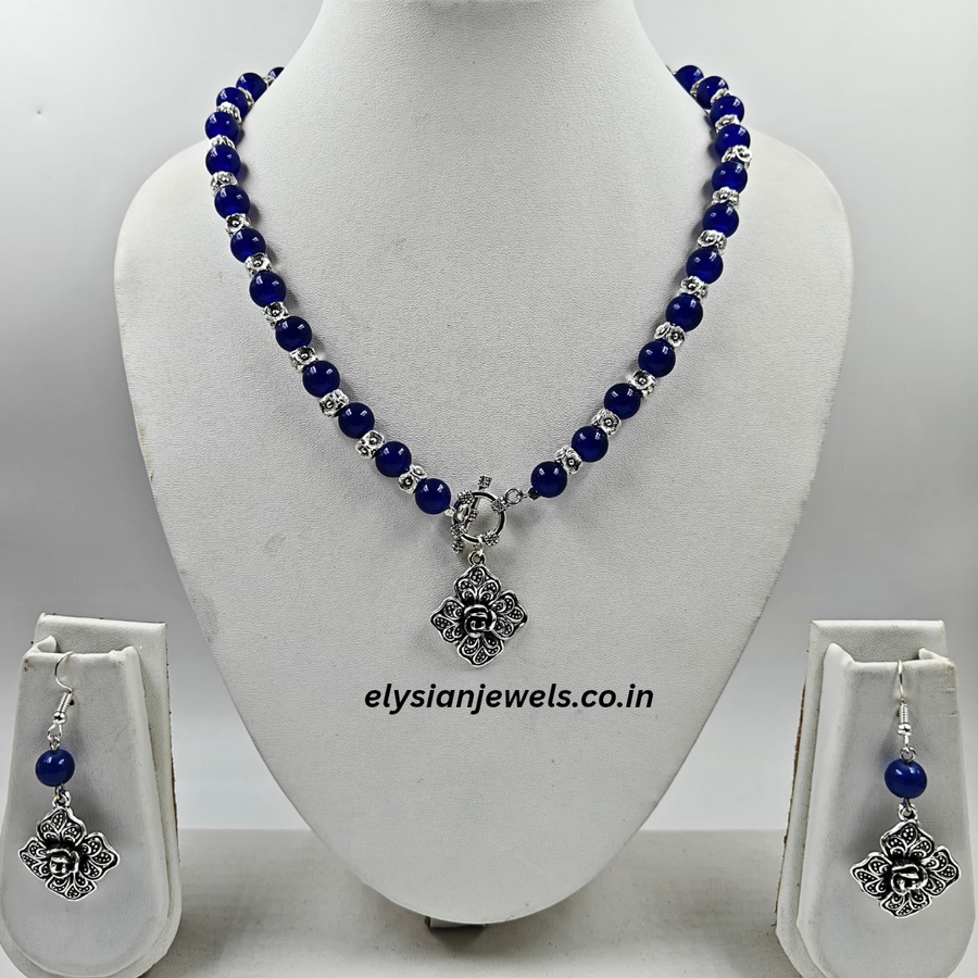 Navy Blue Beads & Silver Beads With Rose Charm Oxidized Necklace