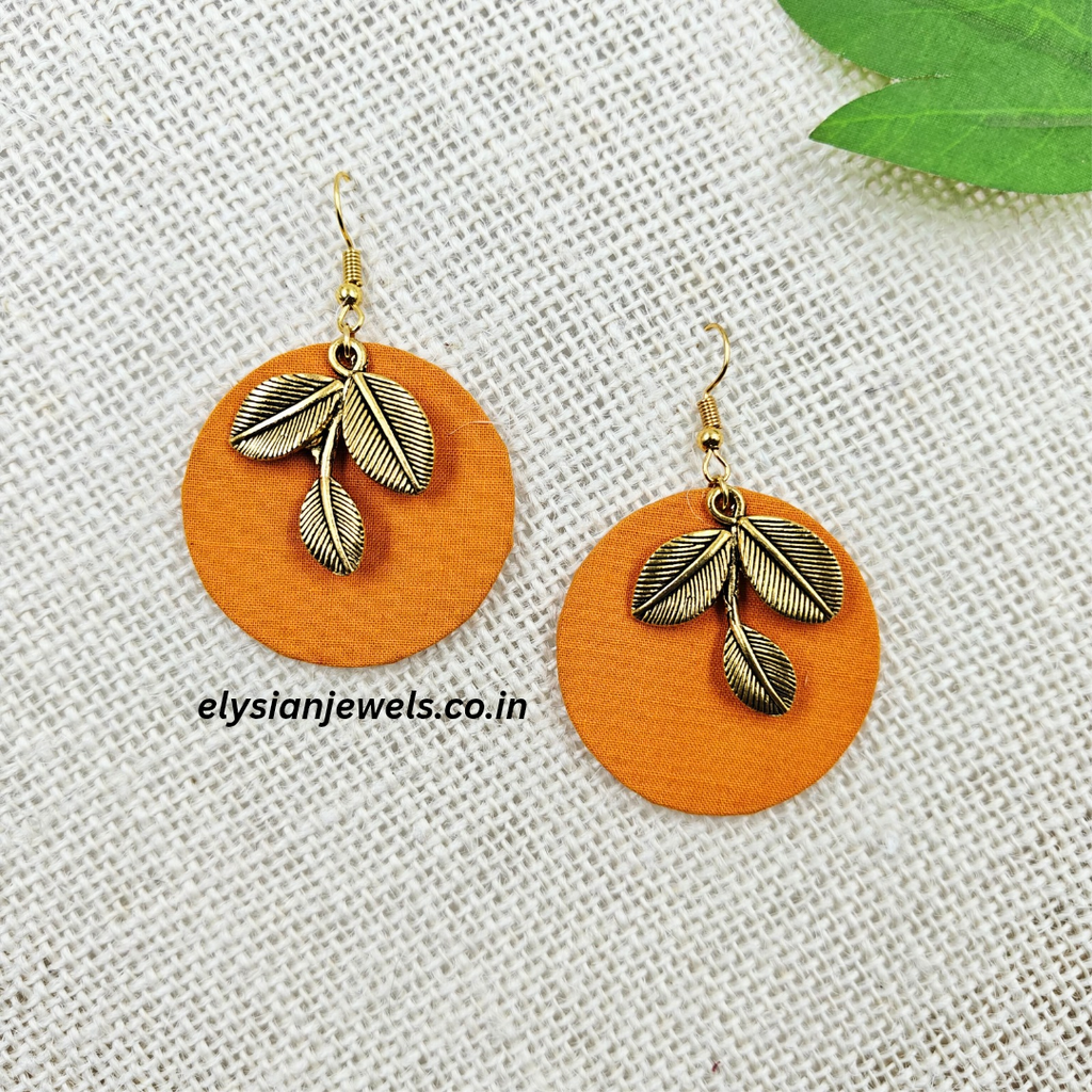 Leaf Shape Antique Charm With Round Fabric Earring