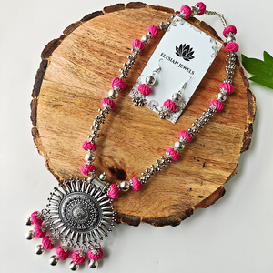 Rani Pink Cotton Beads With Oxidized Pendant Necklace