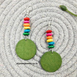 Multicolour Wooden Beads With Green Round Shape Fabric Earring