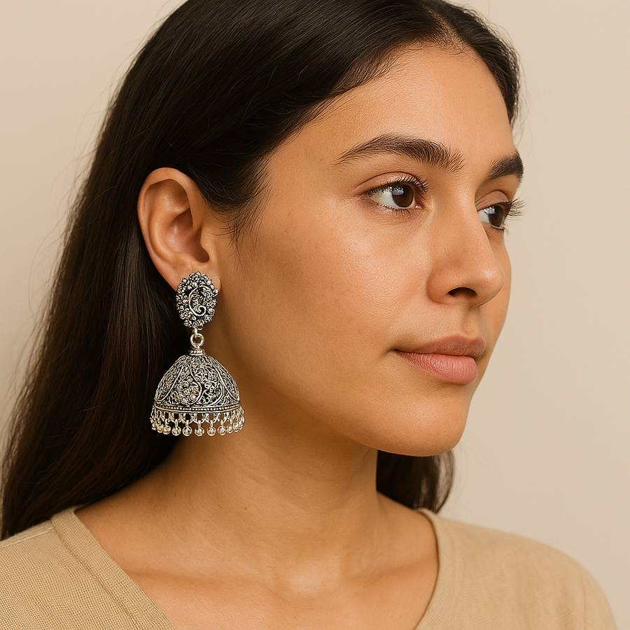 CCB Silver Ghungroo With Oxidized Jhumka Earring