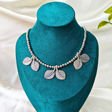 Silver Colour Beads With Leaf Shape Charms Oxidized Necklace
