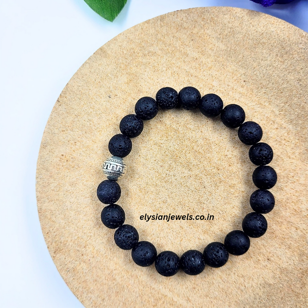 1 Silver Metal Bead With Black Lava Beads Bracelet