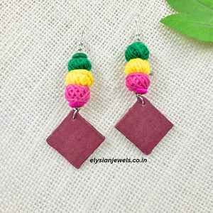 Green, Yellow And Pink Cotton Beads With Pink Purple Fabric Earring