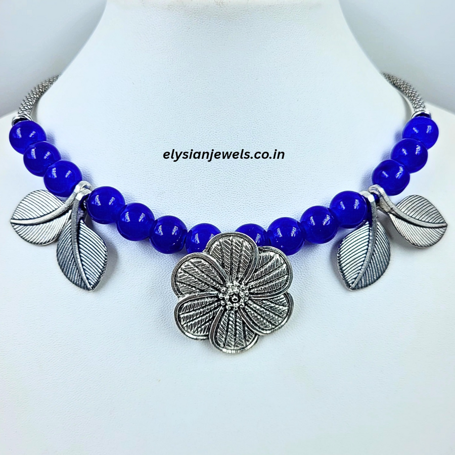 Blue Beads, Flower And Leaf Oxidized Pendant Necklace
