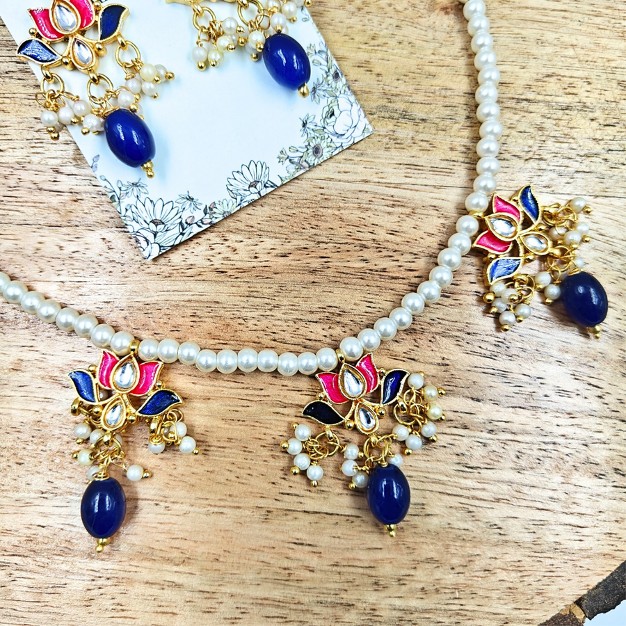 4mm Pearls With Blue Pink Lotus Kundan Necklace