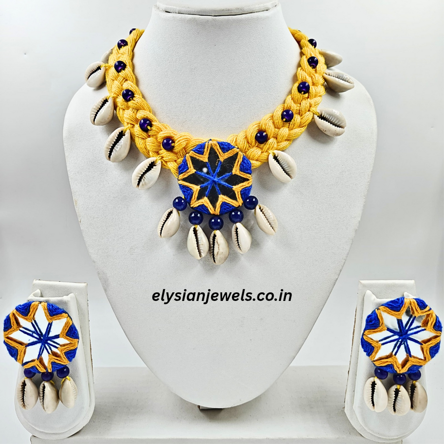 Cowrie, Blue And Yellow Mirror Embroidery With Yellow Binuni Dori Necklace