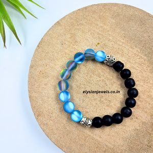 2 Silver Metal Bead With Aqua Blue and Black Matte Finish Beads Bracelet