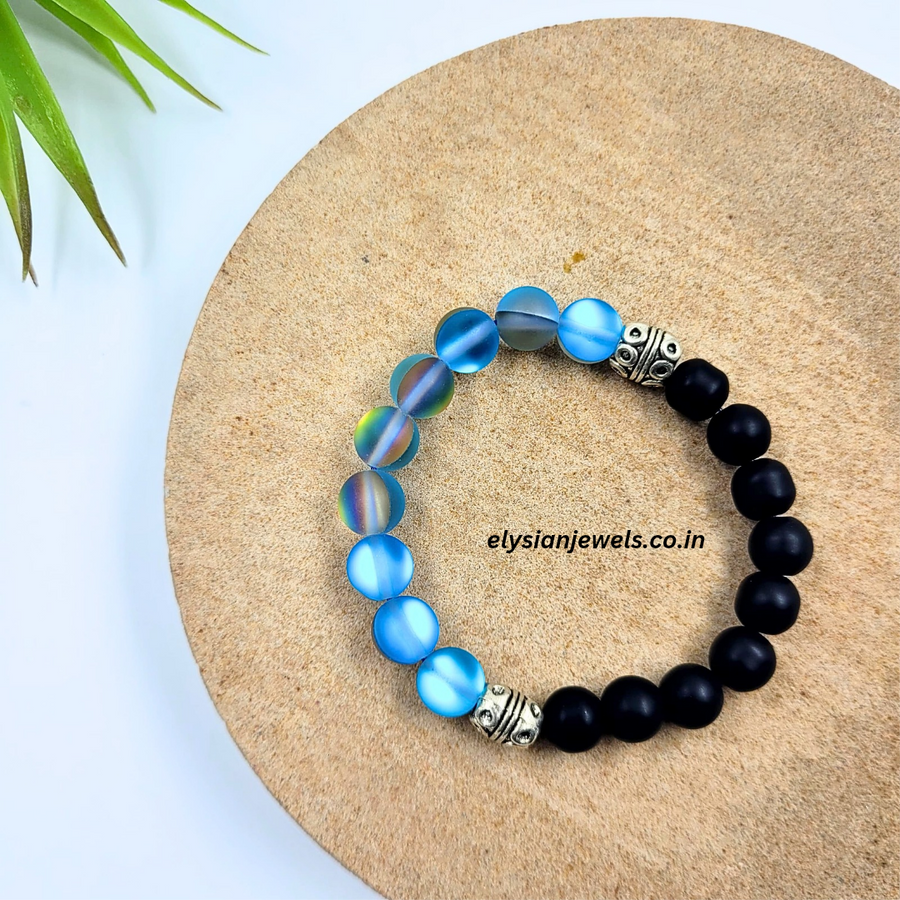 2 Silver Metal Bead With Aqua Blue and Black Matte Finish Beads Bracelet