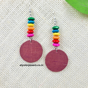 Multicolour Wooden Beads With Pink Purple Round Shape Fabric Earring