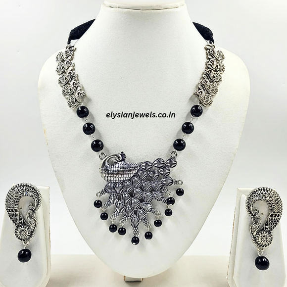 Black Beads With Peacock Oxidized Pendant Necklace