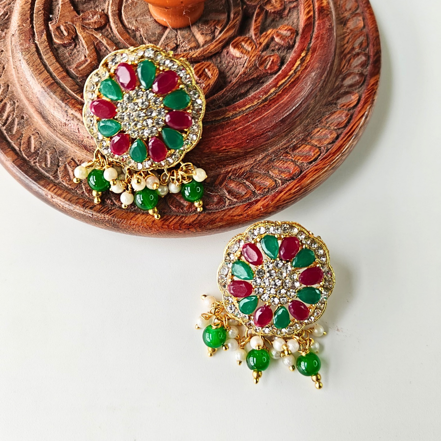 Green Beads With Green And Maroon AD Round Kundan Pendant Necklace