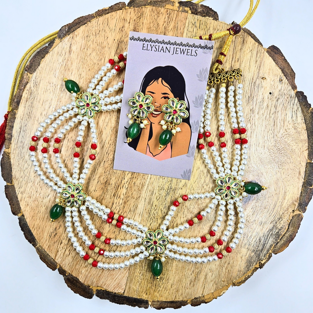 Pearls And Red Crystal With Green Flower Kundan Necklace