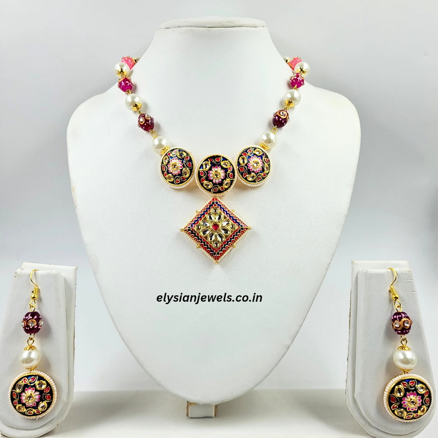 Multicolour Meenakari Tumble Beads With Blue Meenakari Kundan Necklace