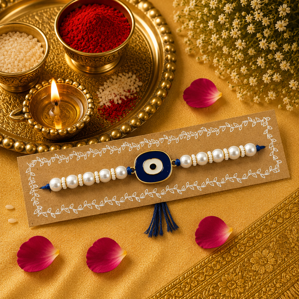 Pearl With Evileye Pendant Charm Rakhi