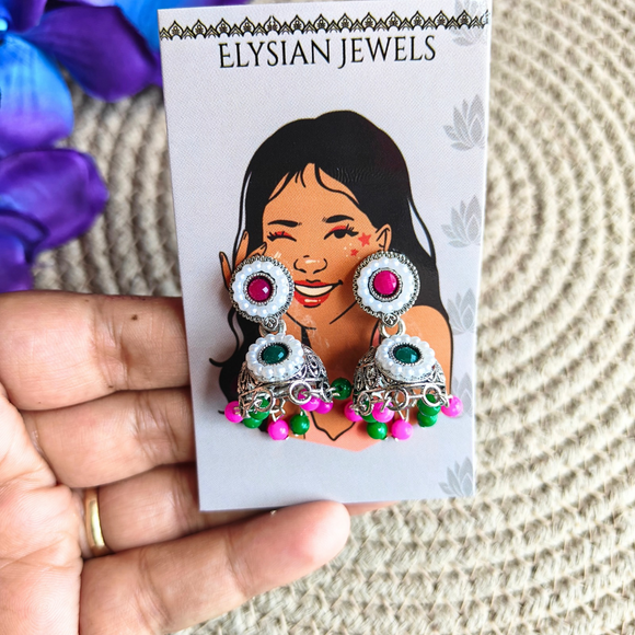 Pink And Green Kundan Oxidized Jhumka Earrings